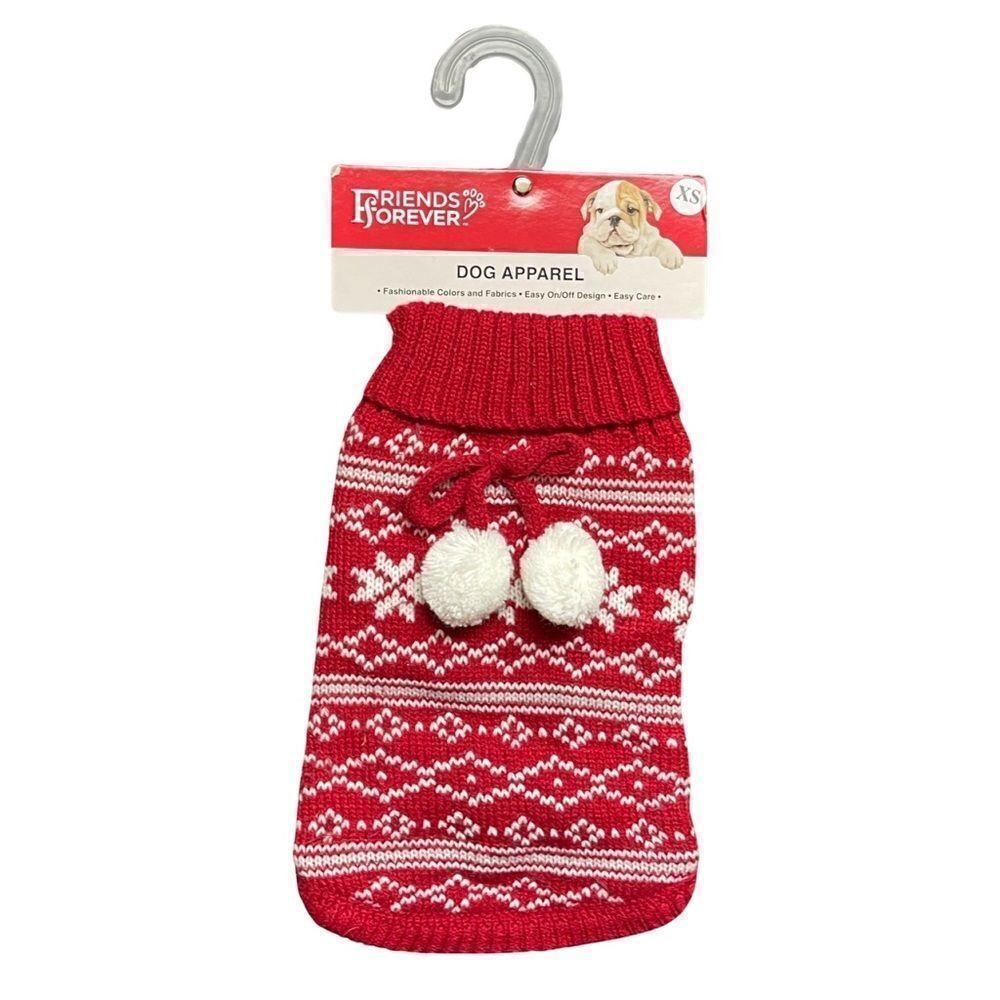 Friends Forever Knit Pet Holiday Red & White Ugly Sweater with Poms XS NWT